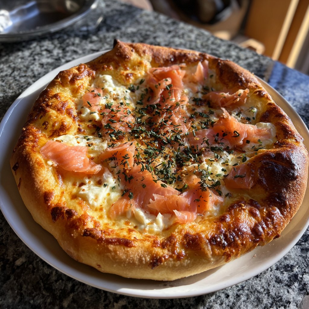 Pizza mit Lachs und Crème fraîche