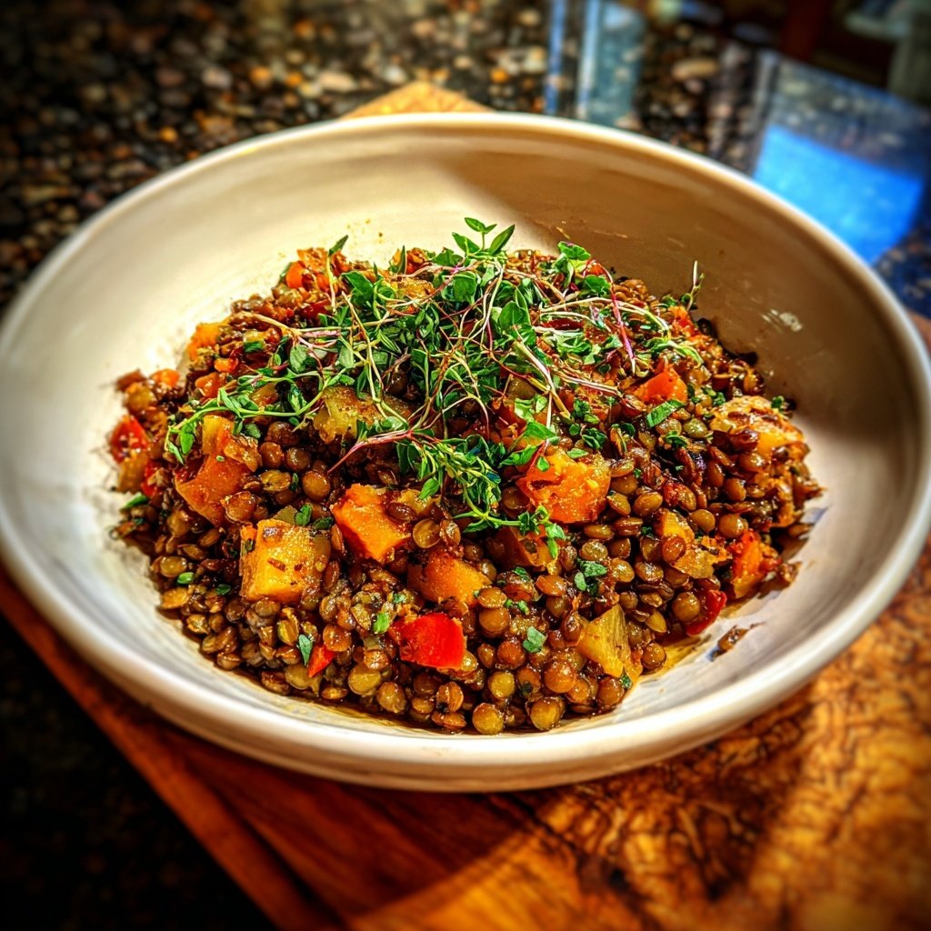 Mittagessen mit Linsen und Gemüse