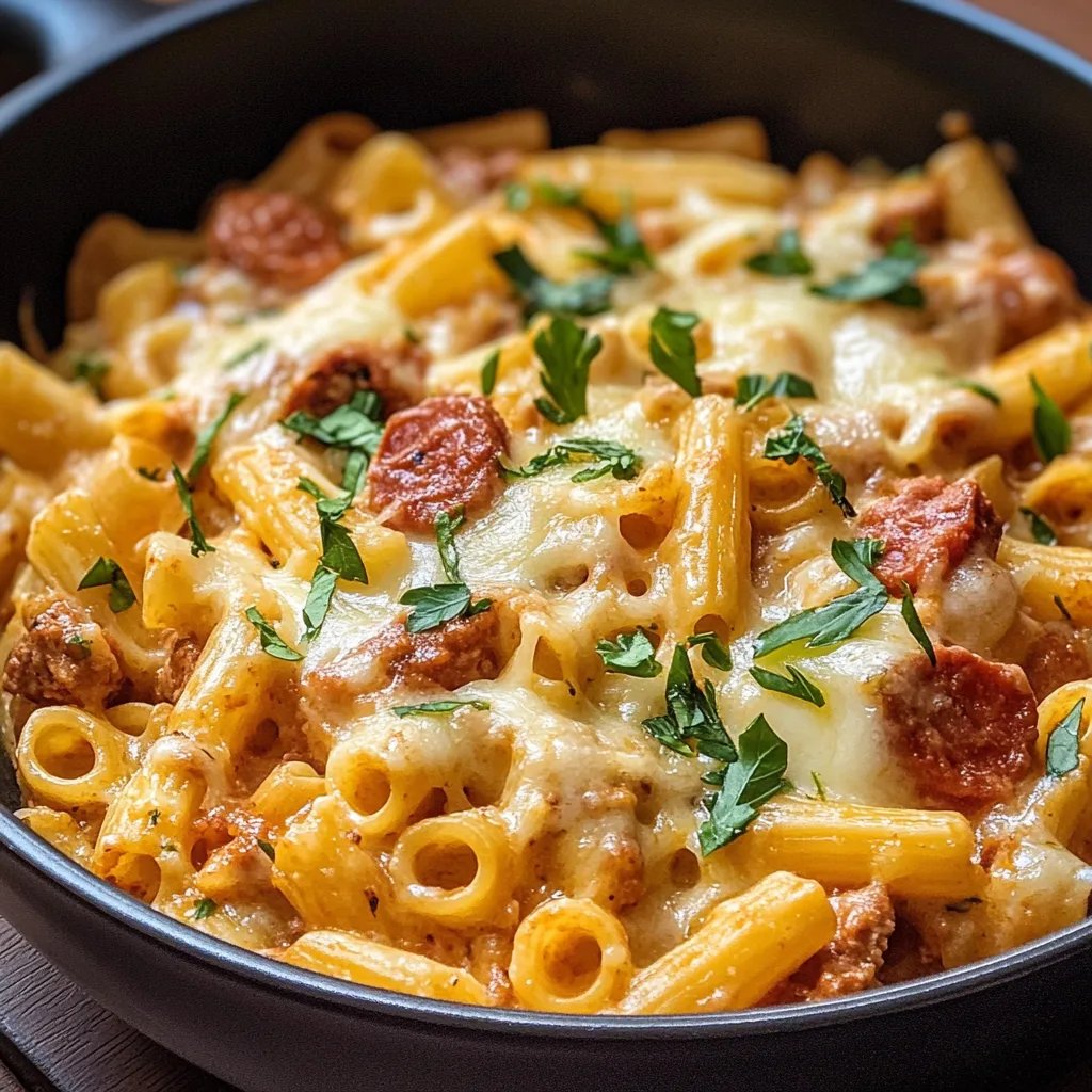 Wurst-Nudel-Pfanne mit Käse