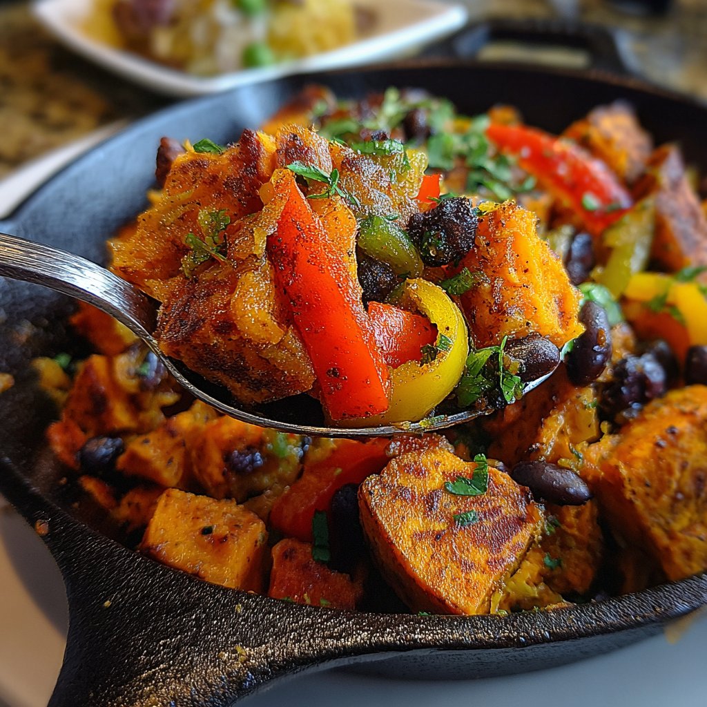 Vegetarisches Abendessen mit Süßkartoffelpfanne