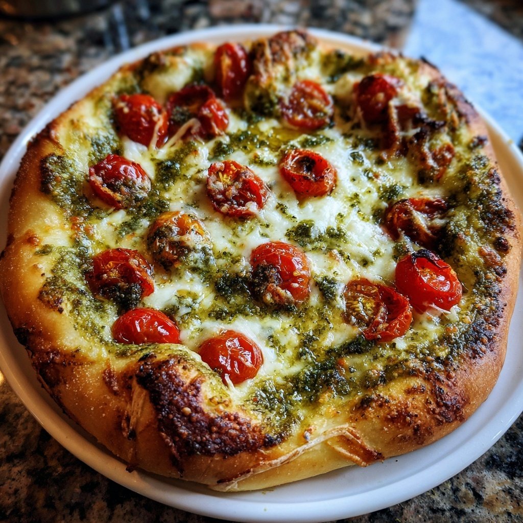 Pizza mit Pesto und Kirschtomaten